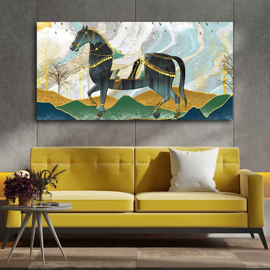 Premium Wall Painting of Horse and Golden trees with Colored Mountains - Decor Smart