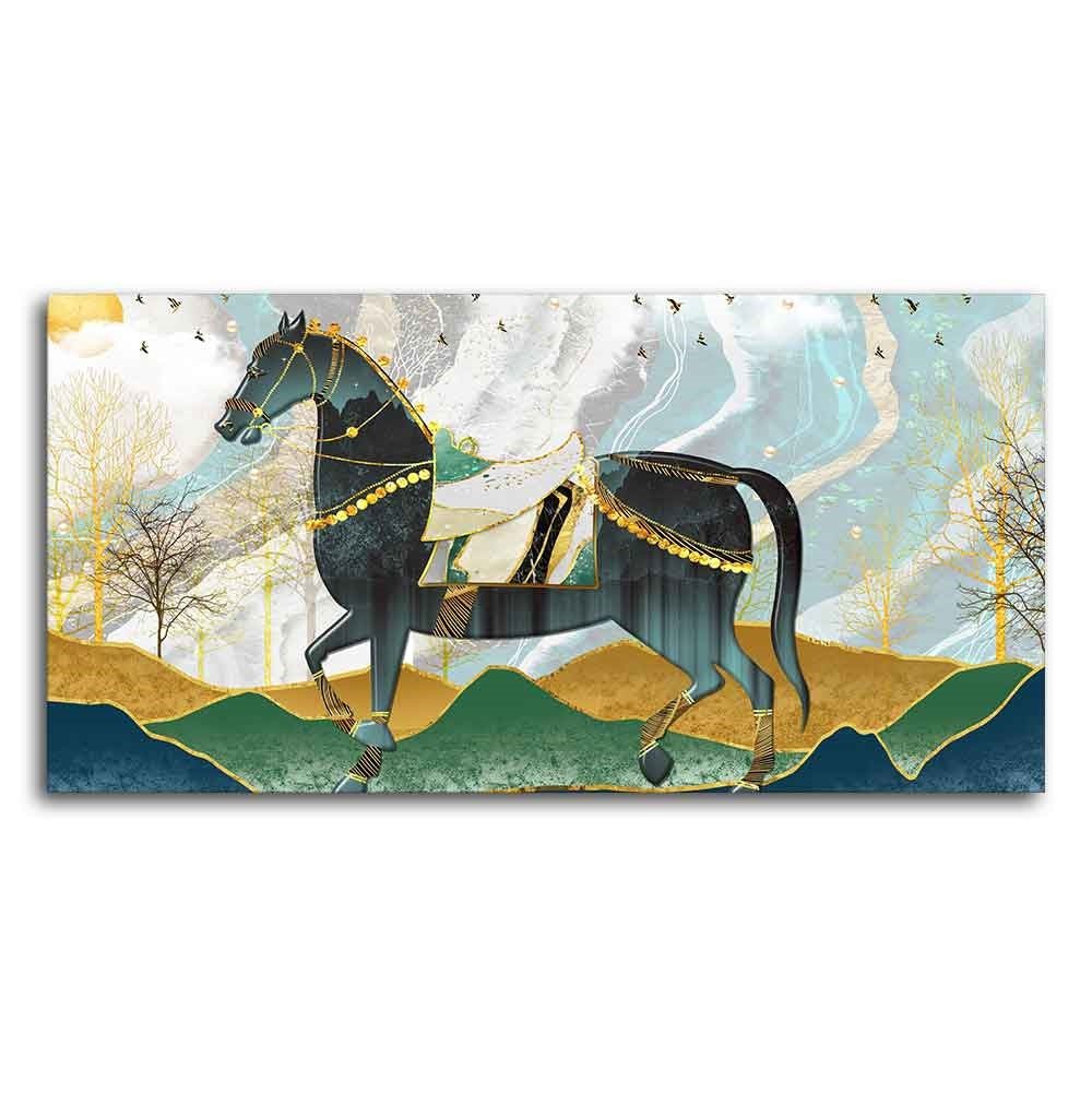 Premium Wall Painting of Horse and Golden trees with Colored Mountains - Decor Smart