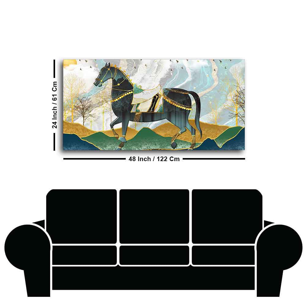 Premium Wall Painting of Horse and Golden trees with Colored Mountains - Decor Smart