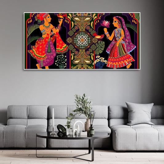 Premium Wall Painting of Man and Woman in Garden Rajasthani Pictorial Art - Decor Smart