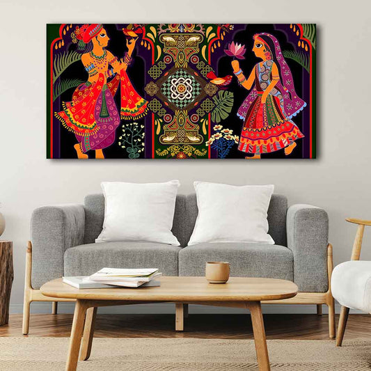 Premium Wall Painting of Man and Woman in Garden Rajasthani Pictorial Art - Decor Smart