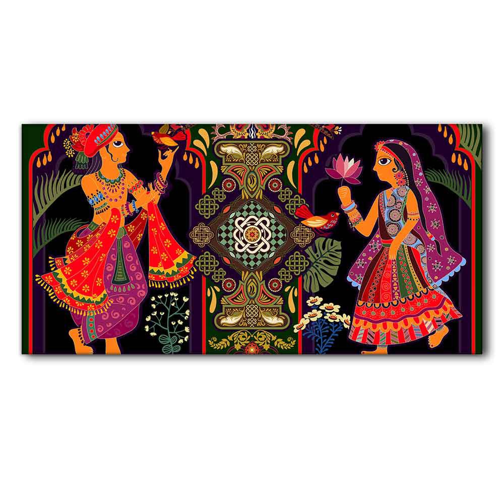 Premium Wall Painting of Man and Woman in Garden Rajasthani Pictorial Art - Decor Smart