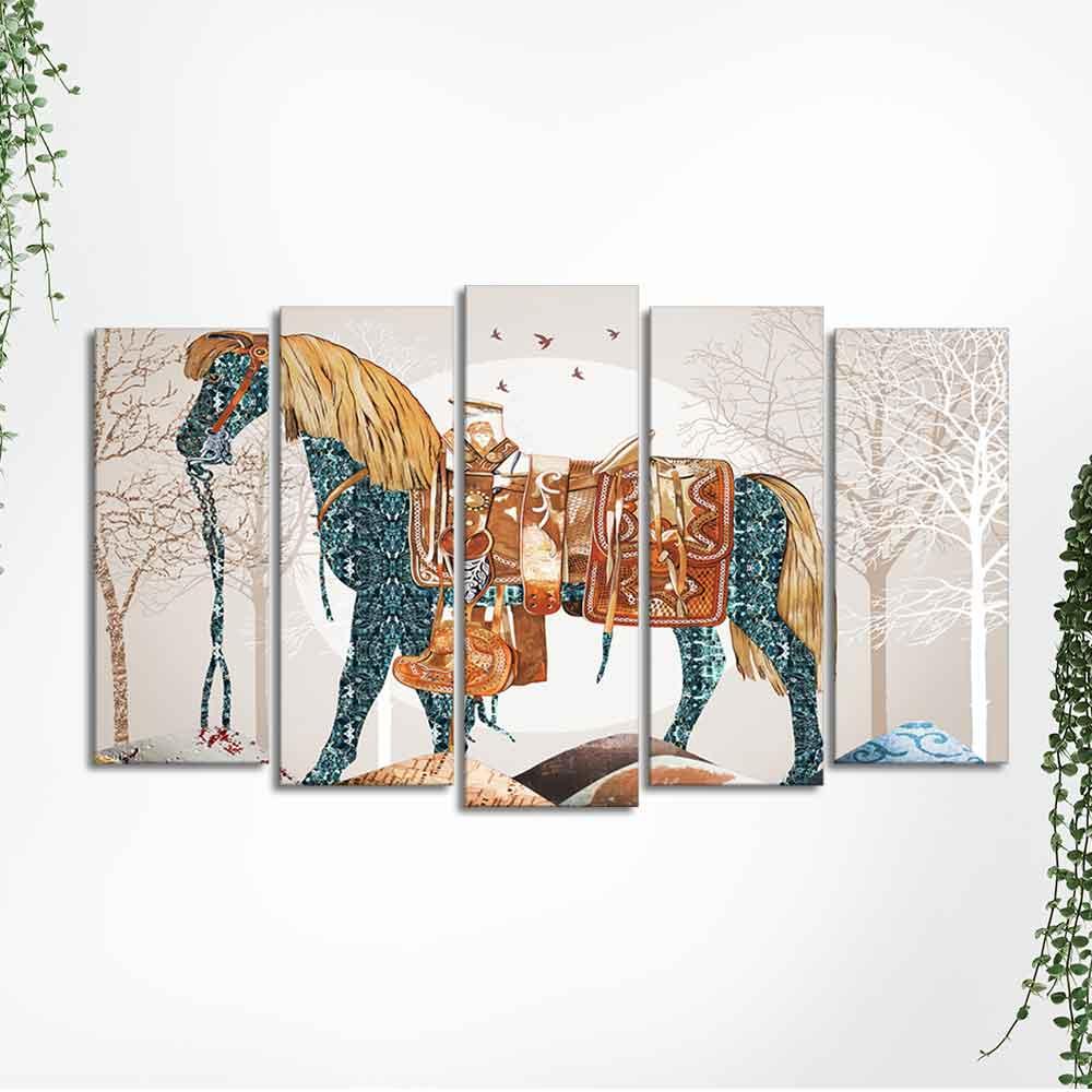 Premium Wall Painting of Patterned Horse of Five Pieces - Decor Smart