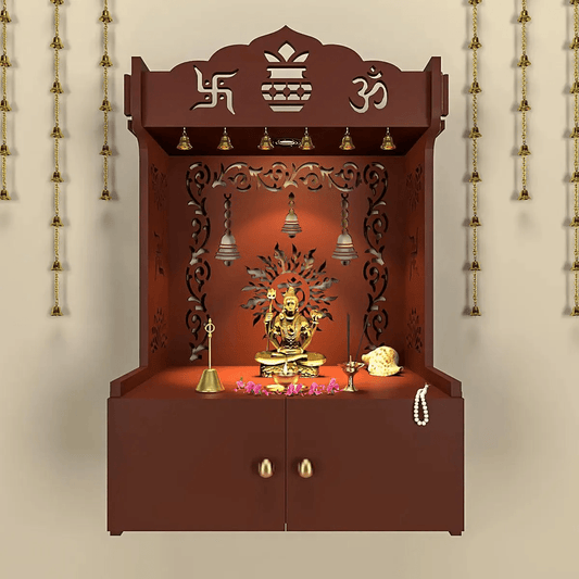 Premium Wall Temple with Inbuilt Focus Light & Spacious Wooden Shelf - Brown - Decor Smart