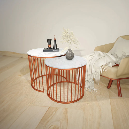 Premium White Caged Copper Nesting Table Set of 2 - Decor Smart