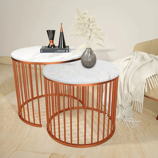 Premium White Caged Copper Nesting Table Set of 2 - Decor Smart