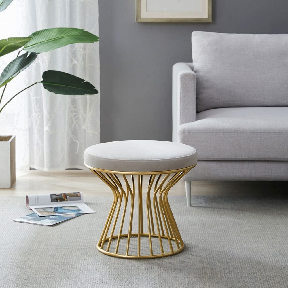Premium White Velvet Pouffe with Glamorous Gold Detailing