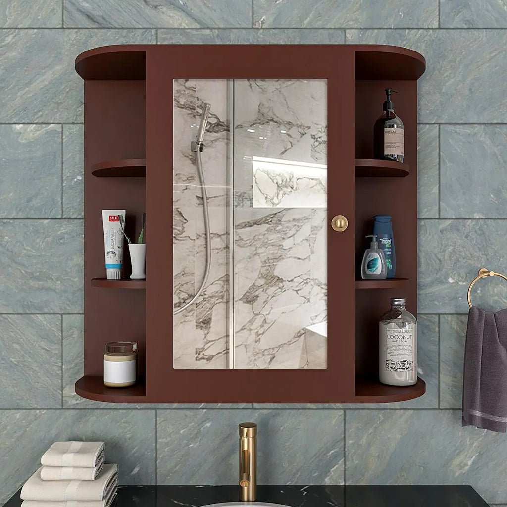 Premium Wooden Bathroom Cabinet Mirror with 10 Spacious Shelves with Brown Finish - Decor Smart