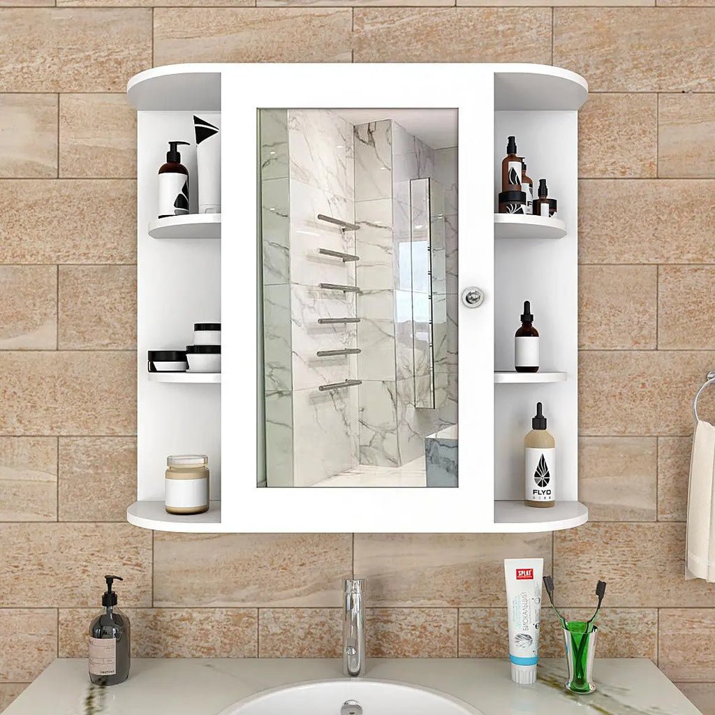 Premium Wooden Bathroom Cabinet Mirror with 10 Spacious Shelves with White Finish - Decor Smart