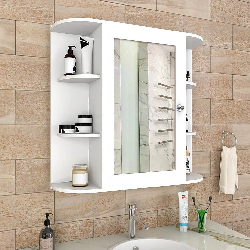Premium Wooden Bathroom Cabinet Mirror with 10 Spacious Shelves with White Finish - Decor Smart