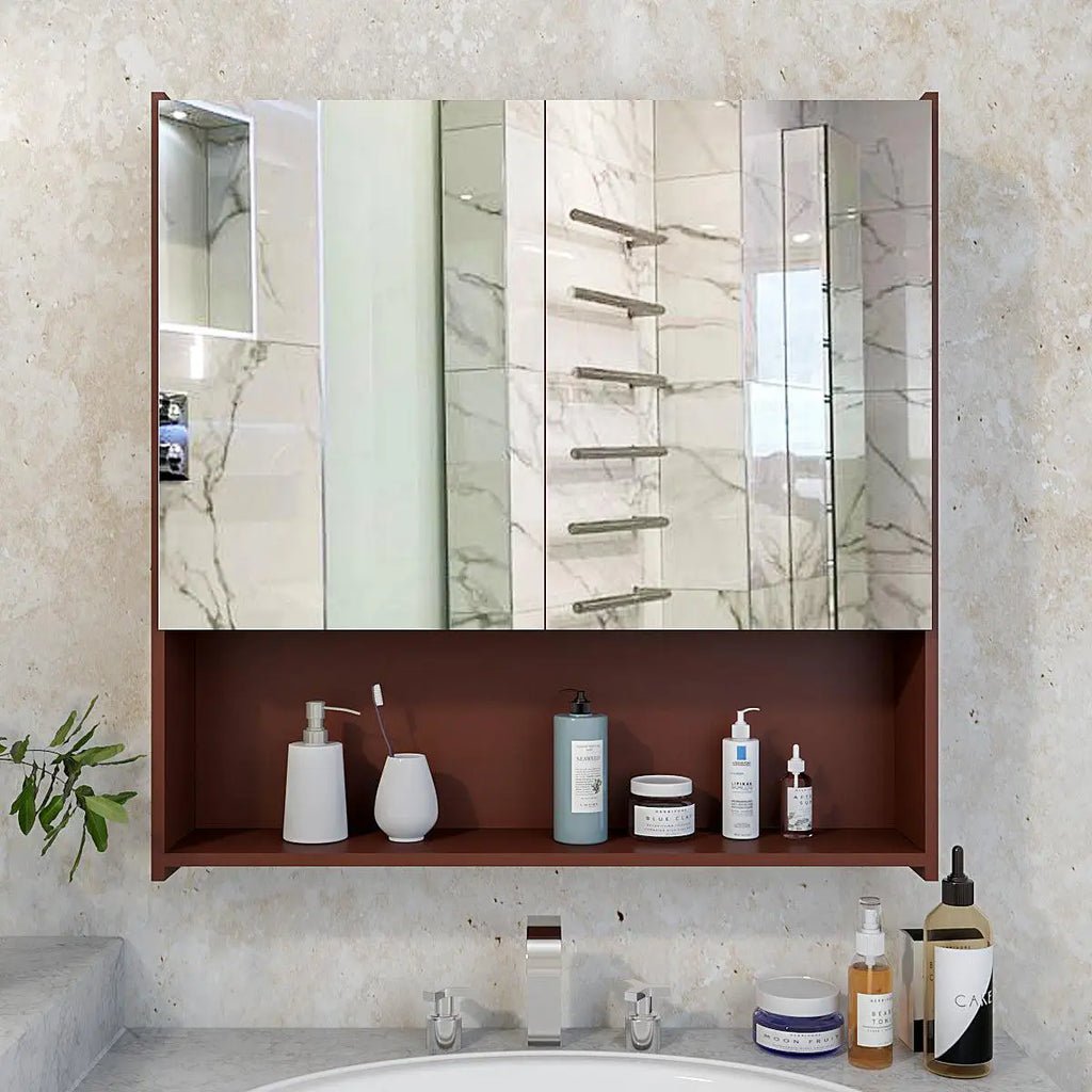 Premium Wooden Bathroom Organizer Cabinet with Mirror & 4 Spacious Shelves with Brown Finish - Decor Smart