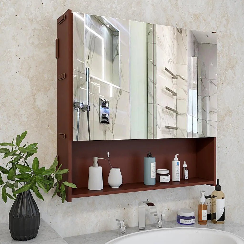 Premium Wooden Bathroom Organizer Cabinet with Mirror & 4 Spacious Shelves with Brown Finish - Decor Smart