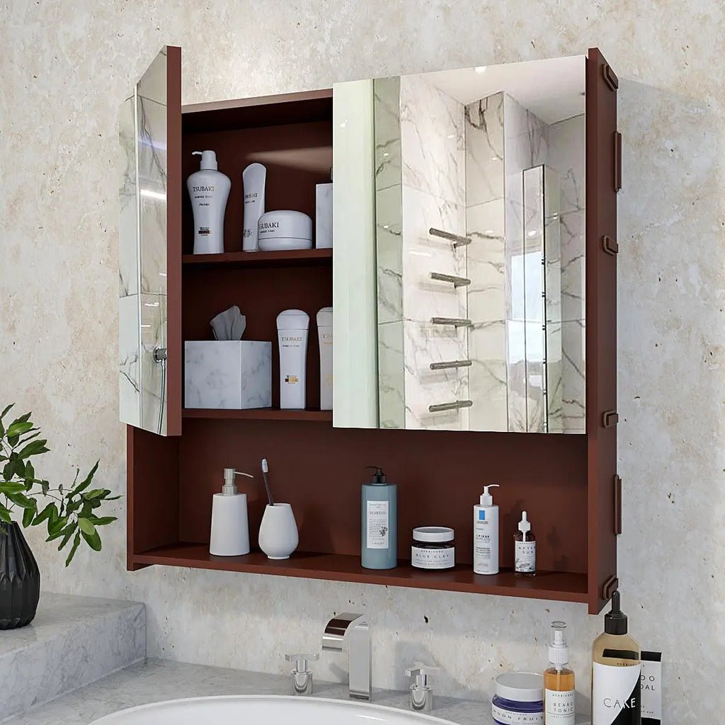 Premium Wooden Bathroom Organizer Cabinet with Mirror & 4 Spacious Shelves with Brown Finish - Decor Smart