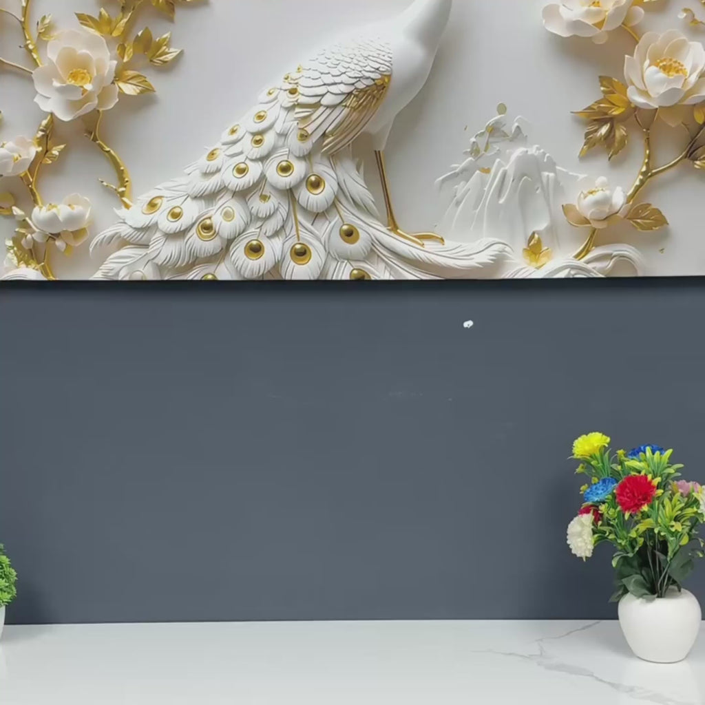 Modern Luxury 3D Peacock Wall Painting with White Feathers Golden Accents Floral Relief Flowers