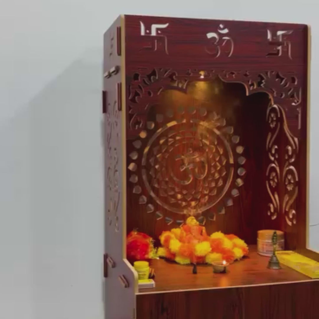 Designer Om Chakra Floor Temple with Spacious Wooden Shelf & Inbuilt Focus Light- Brown Finish