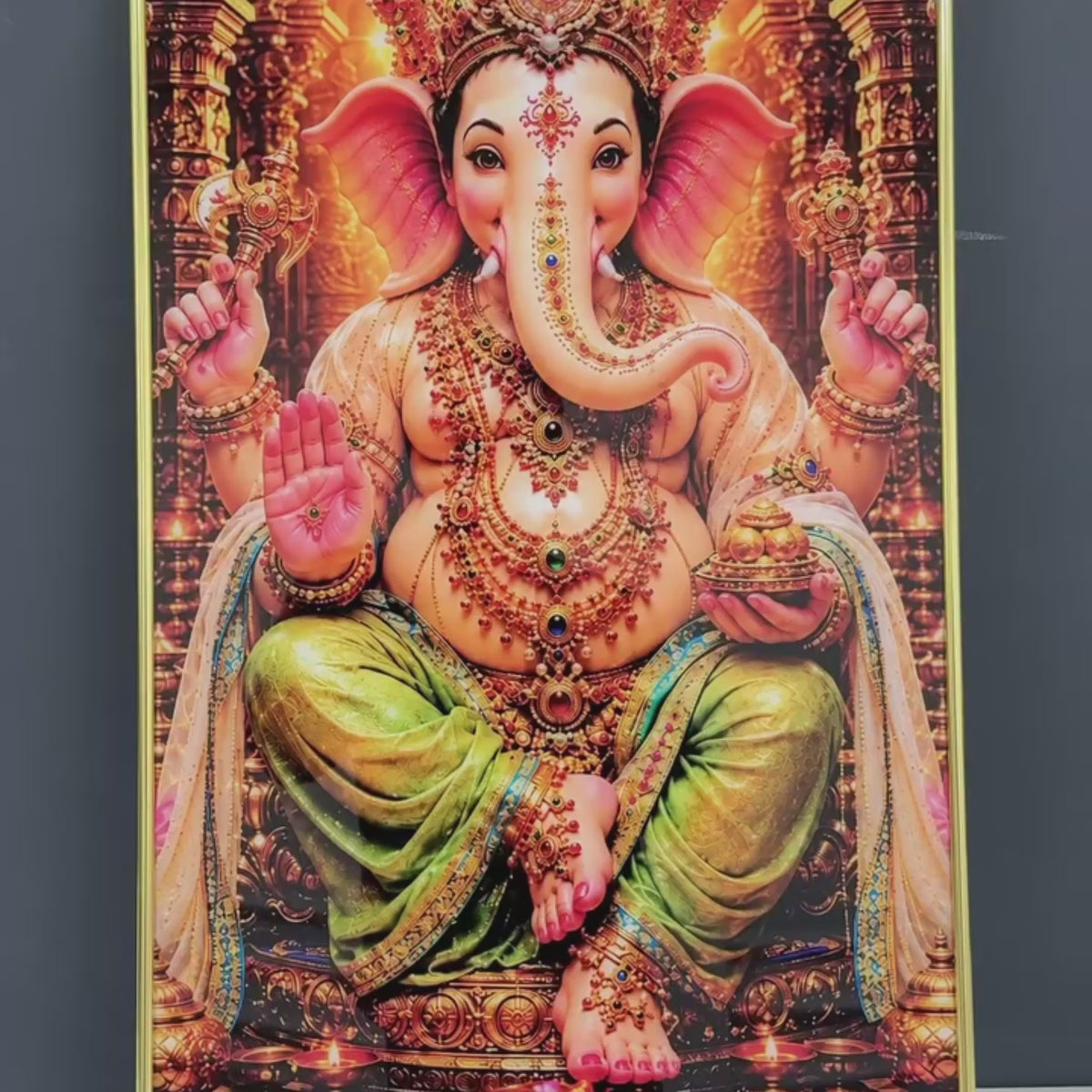 Lord Ganesha Temple Theme Acrylic Wall Painting for Pooja Room Decoration