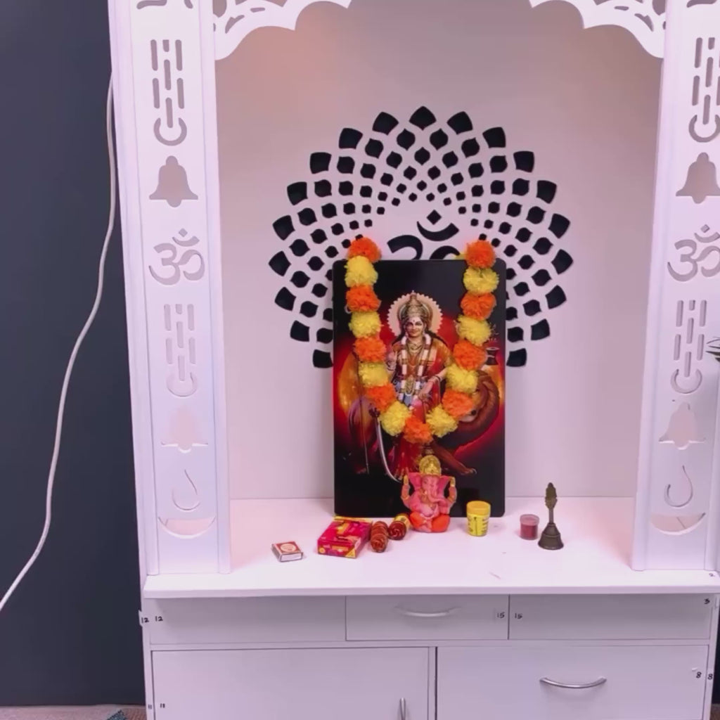 Gorgeous White Wooden Temple with OM LED Back Panel & Spacious Drawers Storage Cabinet for Home & Office