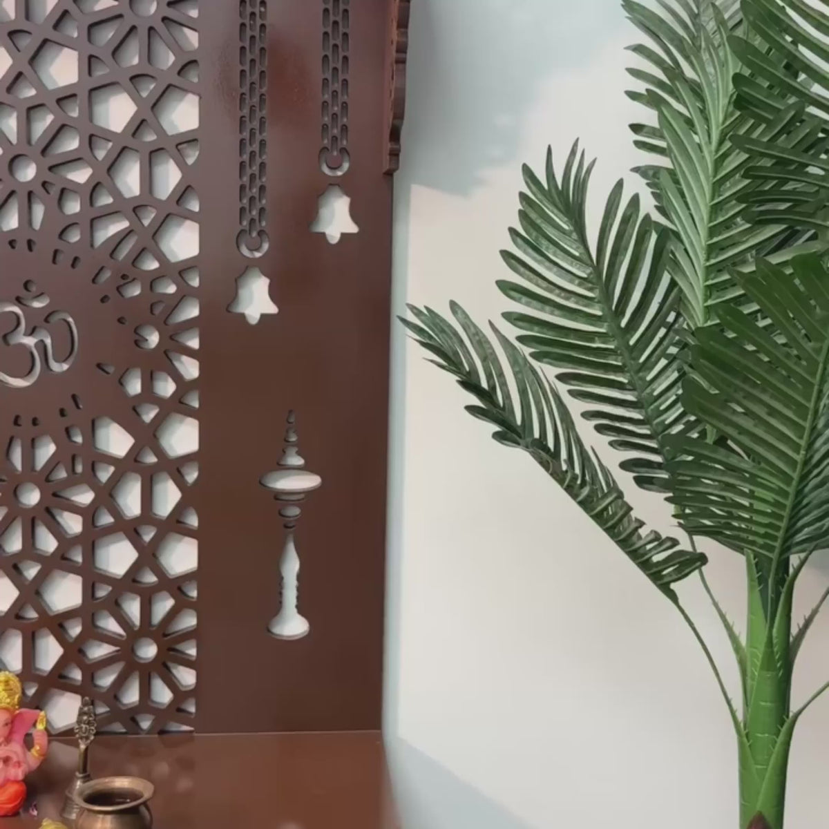Spacious Wooden Pooja Mandir with Backlit Om Design and Storage