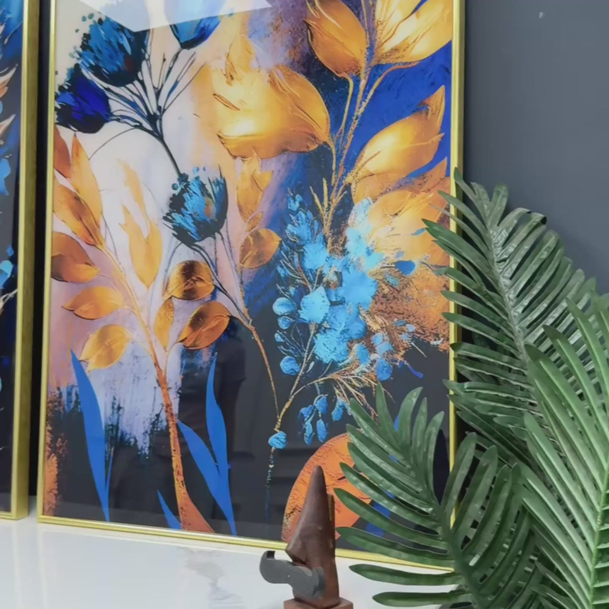 Premium Textural Blue Flower Artistic Acrylic Floating Wall Painting Set Of 2