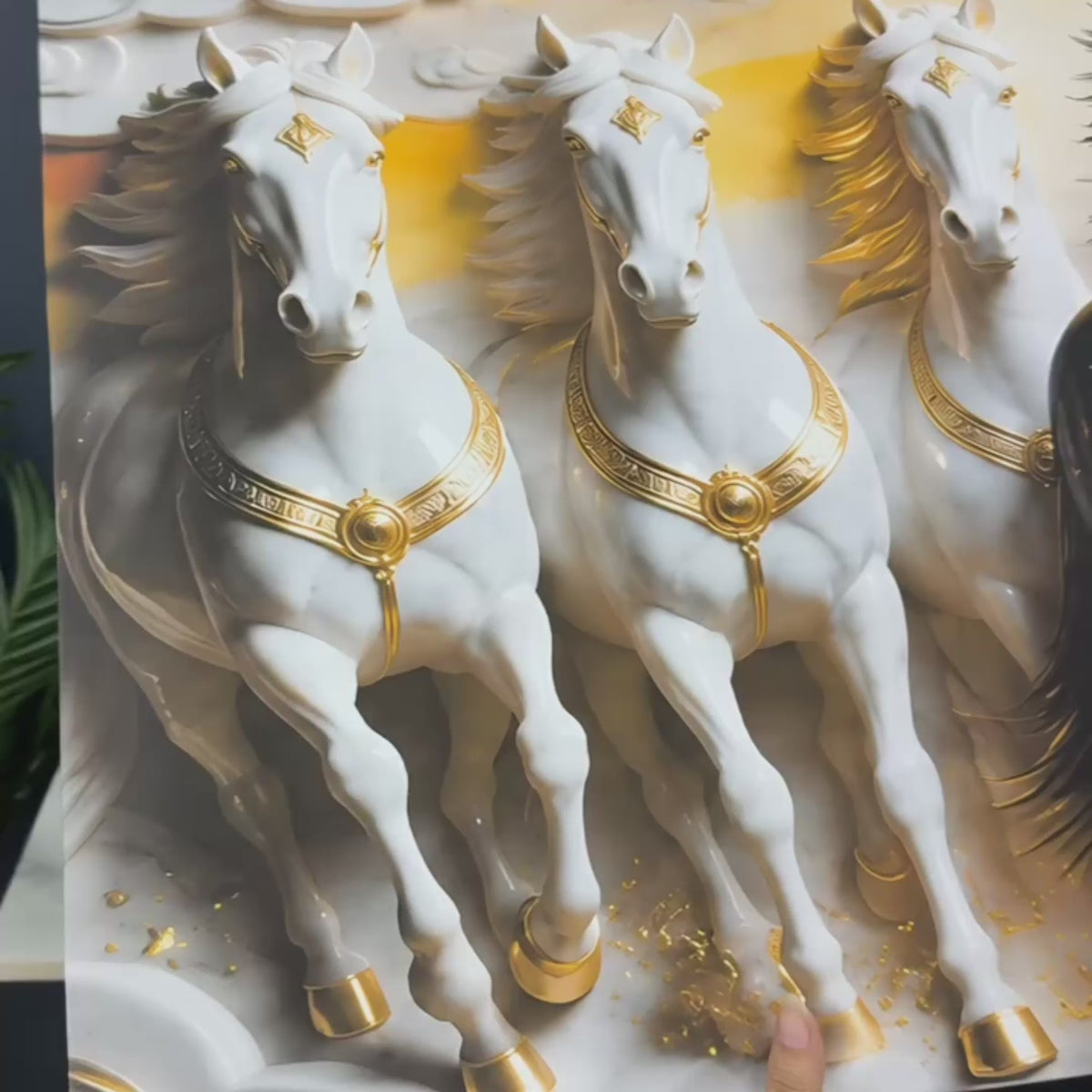 Luxury 3D Seven Horses Wall Painting with Black and White Horses, Golden Accents for Home Decor