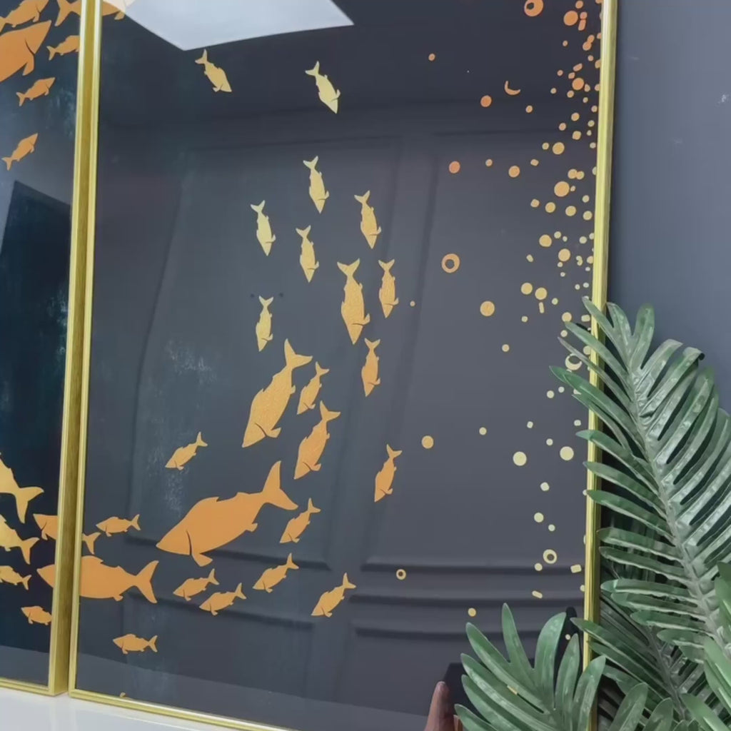 Group of Golden Fishes Acrylic Floating Wall Painting Set of 2