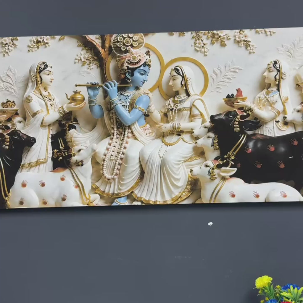 Lord Krishna Playing Flute with Radha 3D Wall Painting, Spiritual Indian Art for Elegant Home Decor
