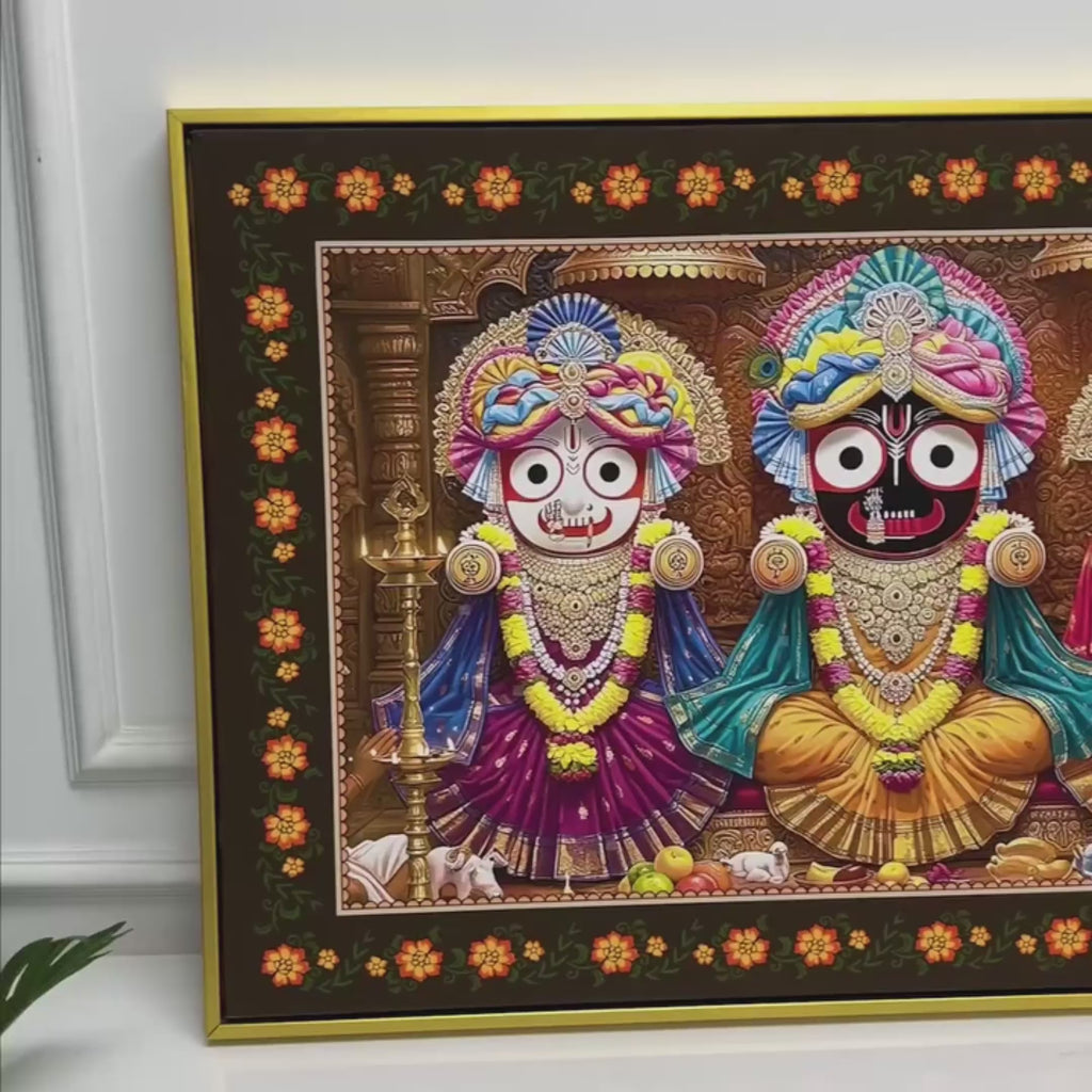 Shree Jagannath Deities Floral Border Canvas Wall Painting