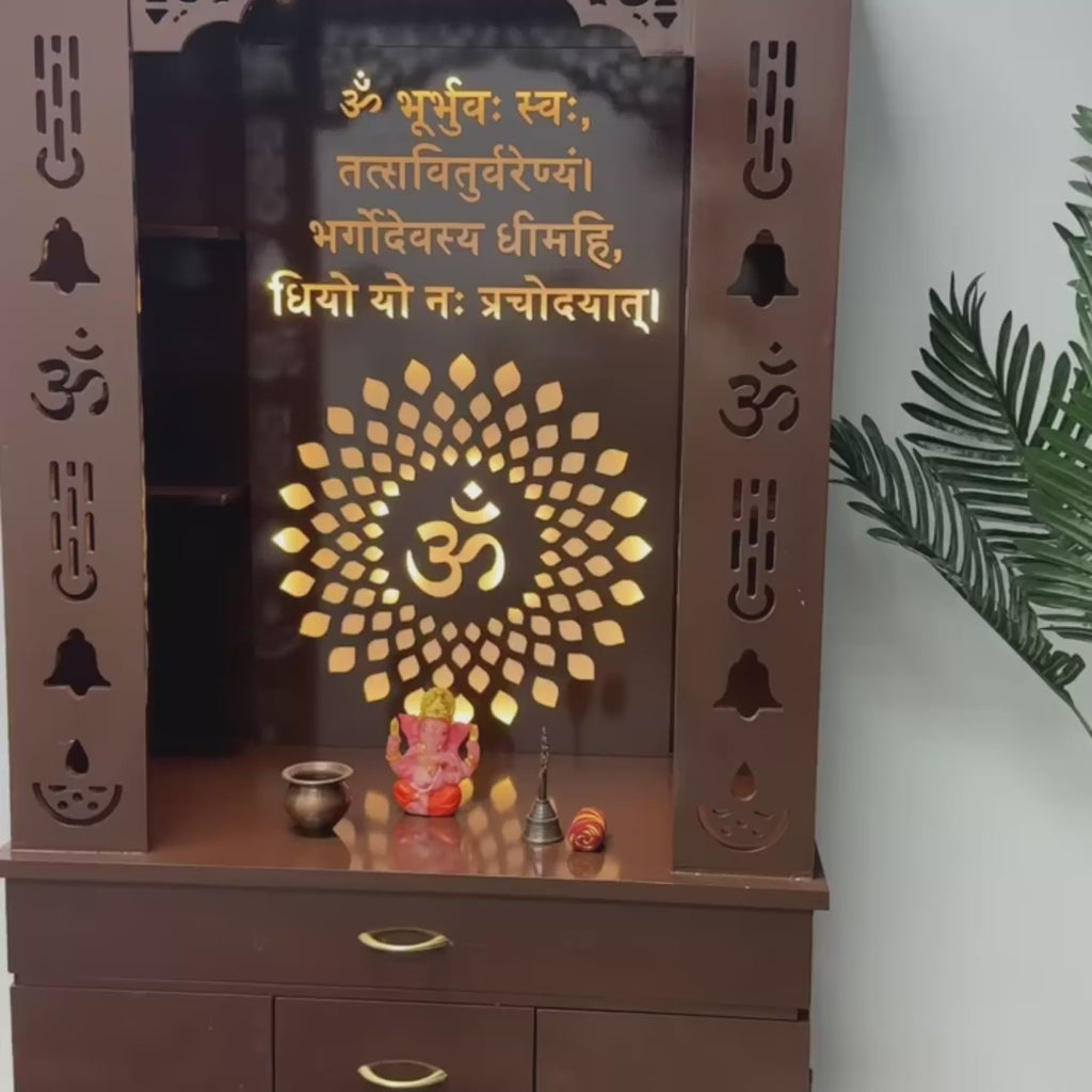 Luxury Brown Finish Wooden Floor Temple for Home & Office with LED OM Panel Drawer & Cabinet Storage for Home & Office