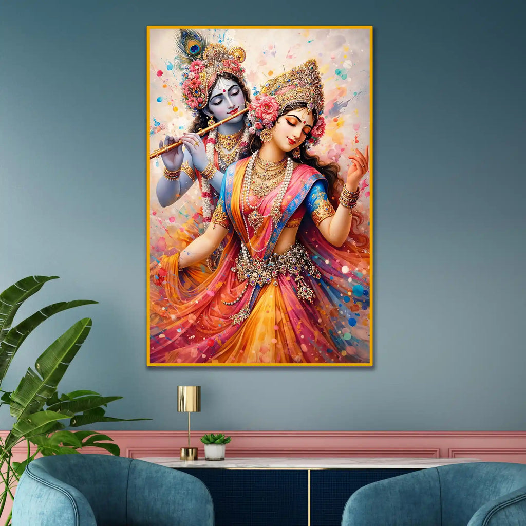 Radha Krishna Dancing in Colors Floating Frame Crystal Wall Painting