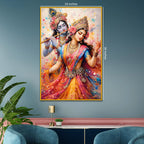 Radha Krishna Dancing in Colors Floating Frame Crystal Wall Painting
