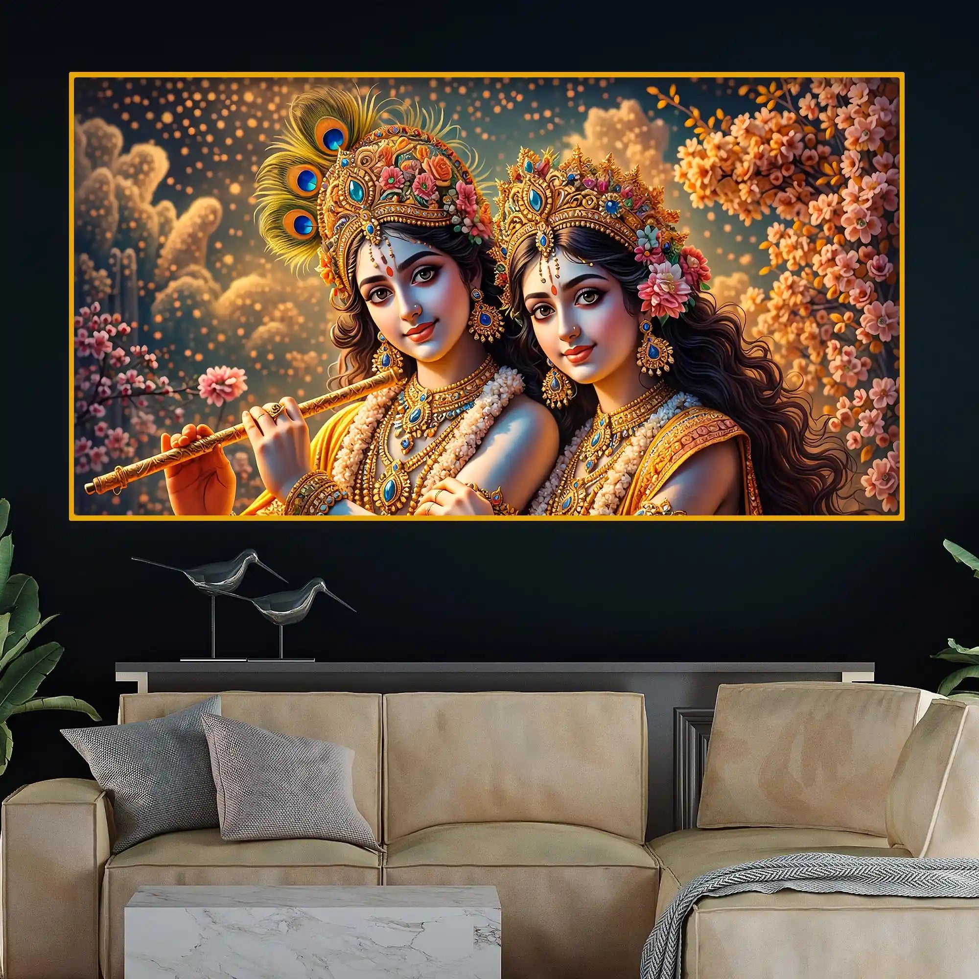 Radha Krishna Floral Theme Crystal Glass Painting