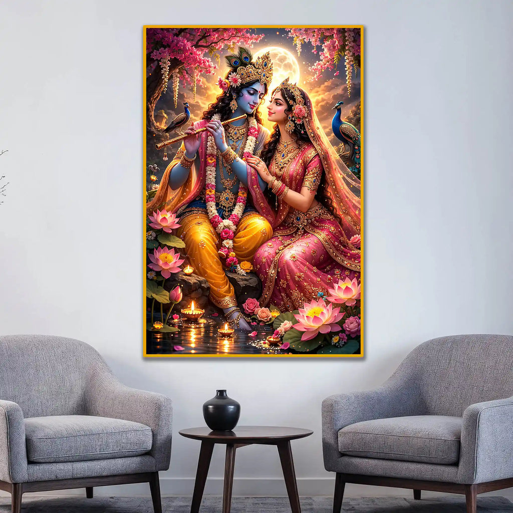 Radha Krishna Moonlit Lotus Garden Floating Frame Crystal Wall Painting