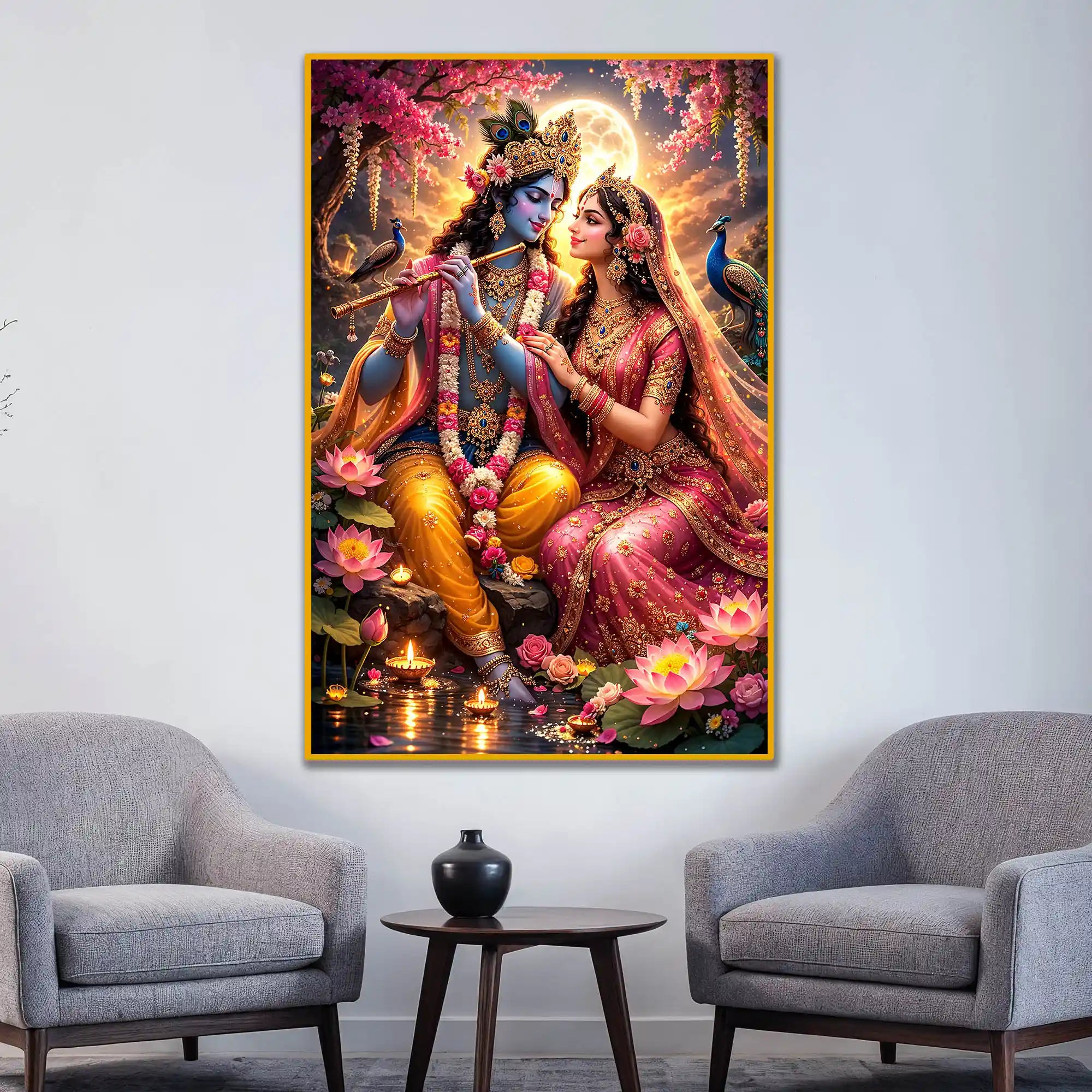 Radha Krishna Moonlit Lotus Garden Floating Frame Crystal Wall Painting