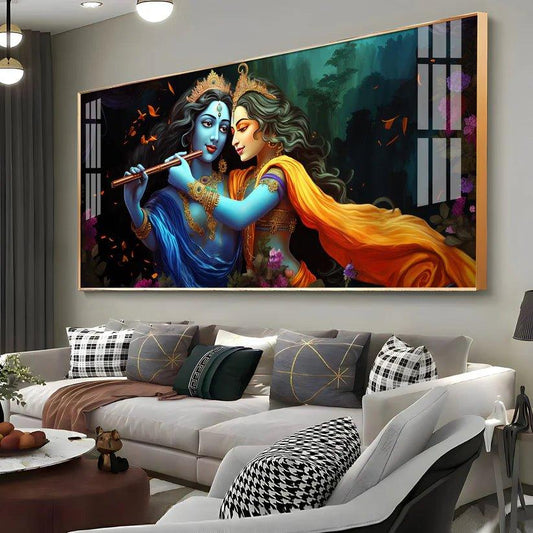 Radha Krishna Playing Bansuri Premium Acrylic Floating Wall Painting - Decor Smart
