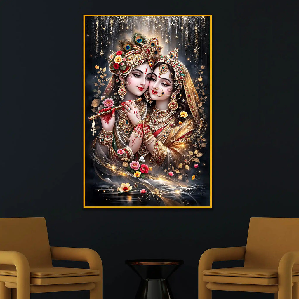 Radha Krishna Portrait Floating Frame Crystal Wall Painting