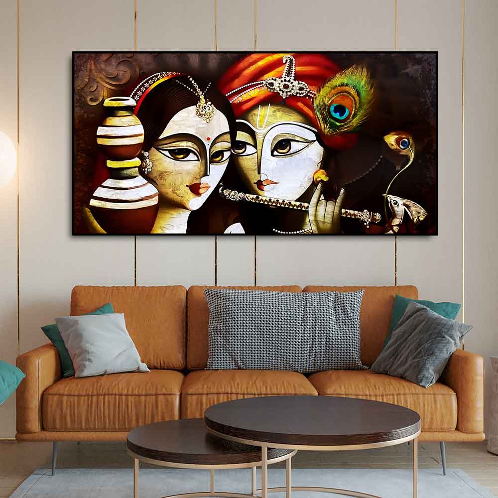 Radha Krishna With Flute Canvas Wooden Wall Painting