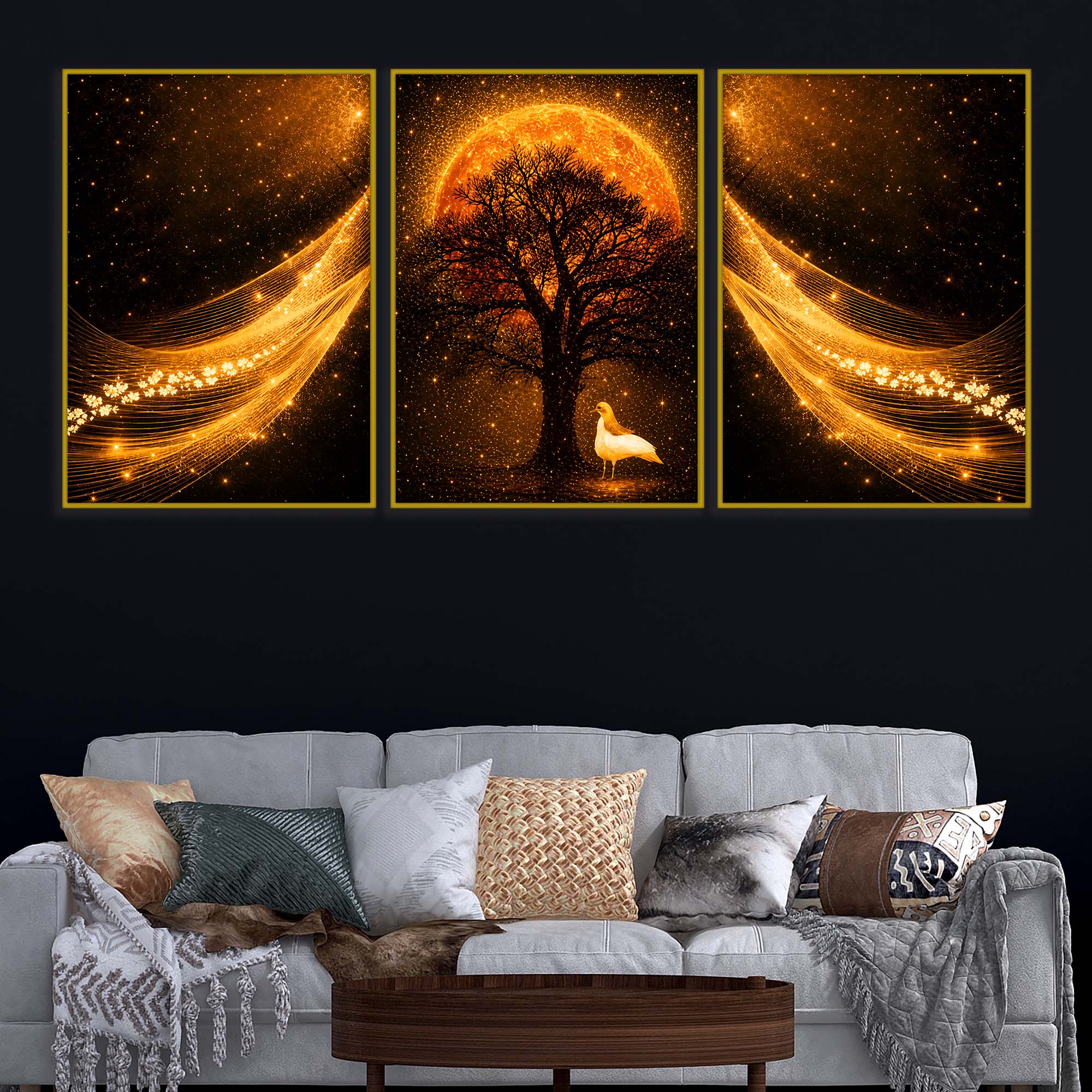 Radiant Sunset Dreamscape & Light Waves Floating Frame Crystal Wall Painting Set of 3
