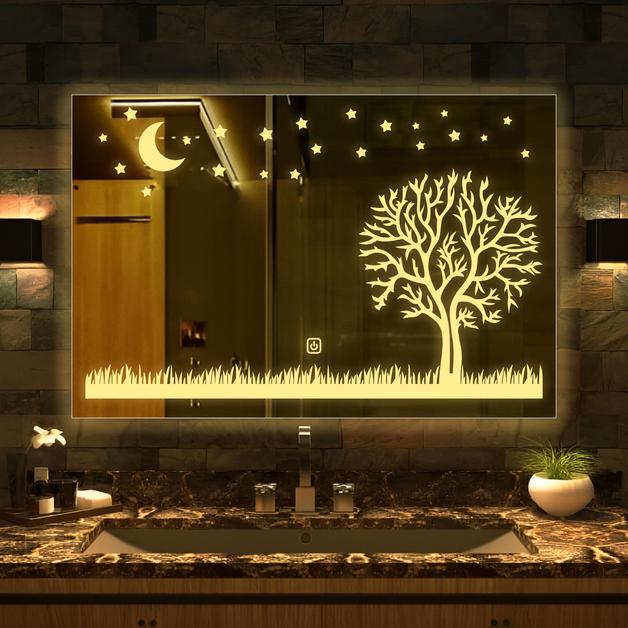 Rectangular Beautiful Moon Night Theme Based LED Bathroom Wall Mirror - Decor Smart