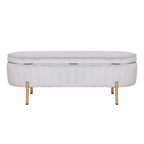Rectangular Shaped White Velvet Storage Ottoman with Golden Metal Finish