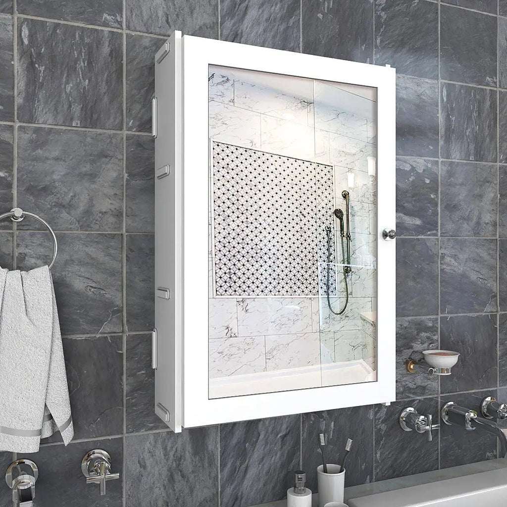 Rectangular Structured Wooden Bathroom Cabinet Mirror with 3 Spacious Shelves White Finish - Decor Smart