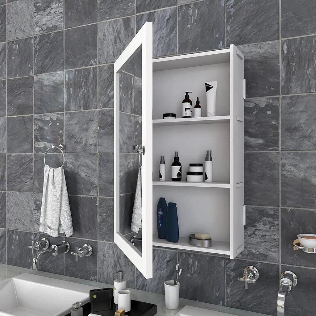 Rectangular Structured Wooden Bathroom Cabinet Mirror with 3 Spacious Shelves White Finish - Decor Smart