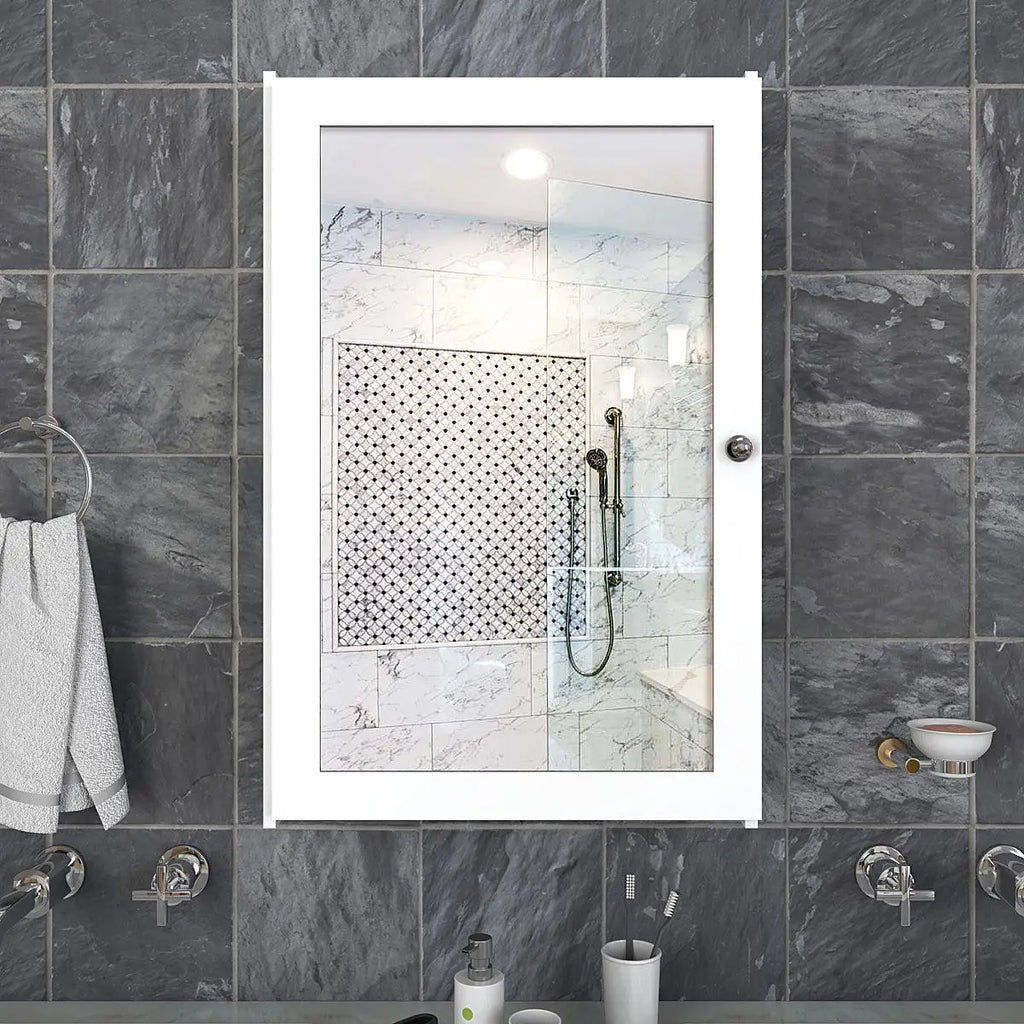Rectangular Structured Wooden Bathroom Cabinet Mirror with 3 Spacious Shelves White Finish - Decor Smart