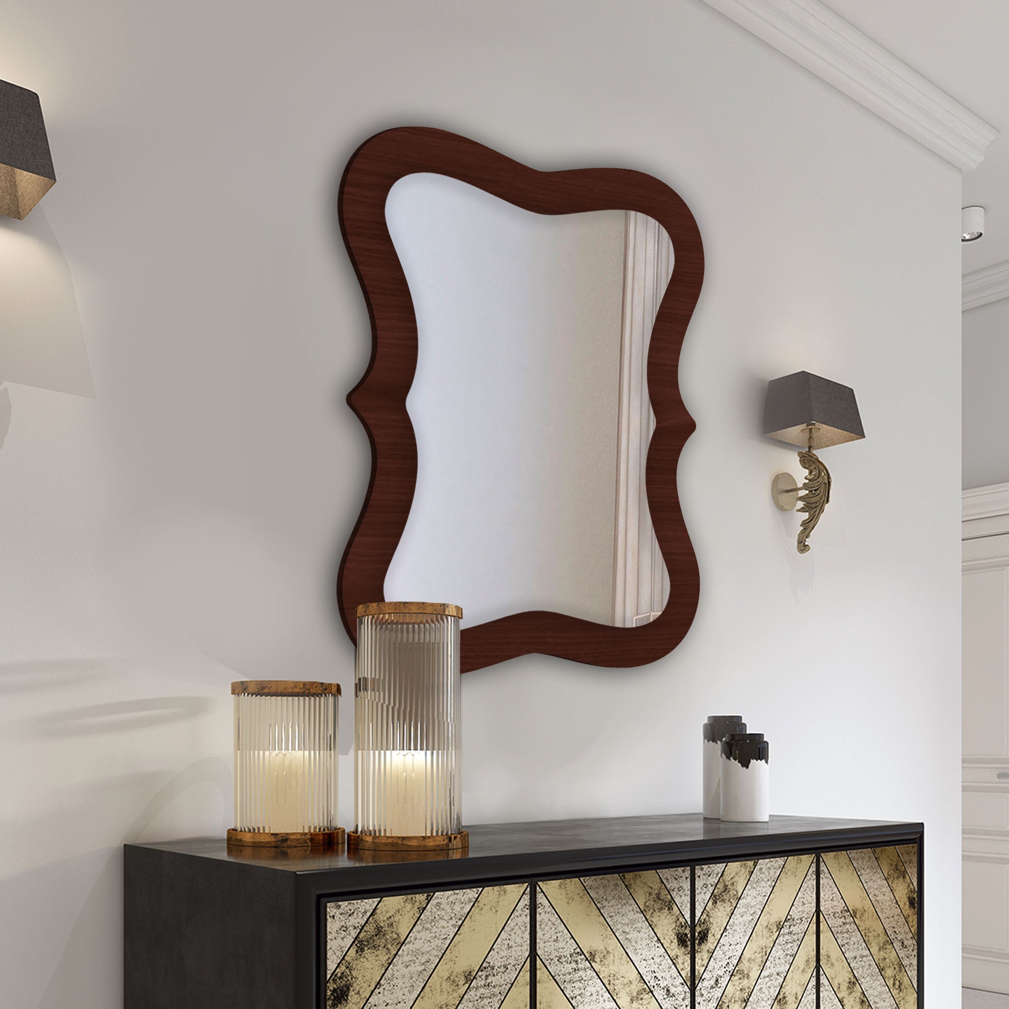 Rectangular Wavy Shaped Wooden Wall Mirror - Decor Smart