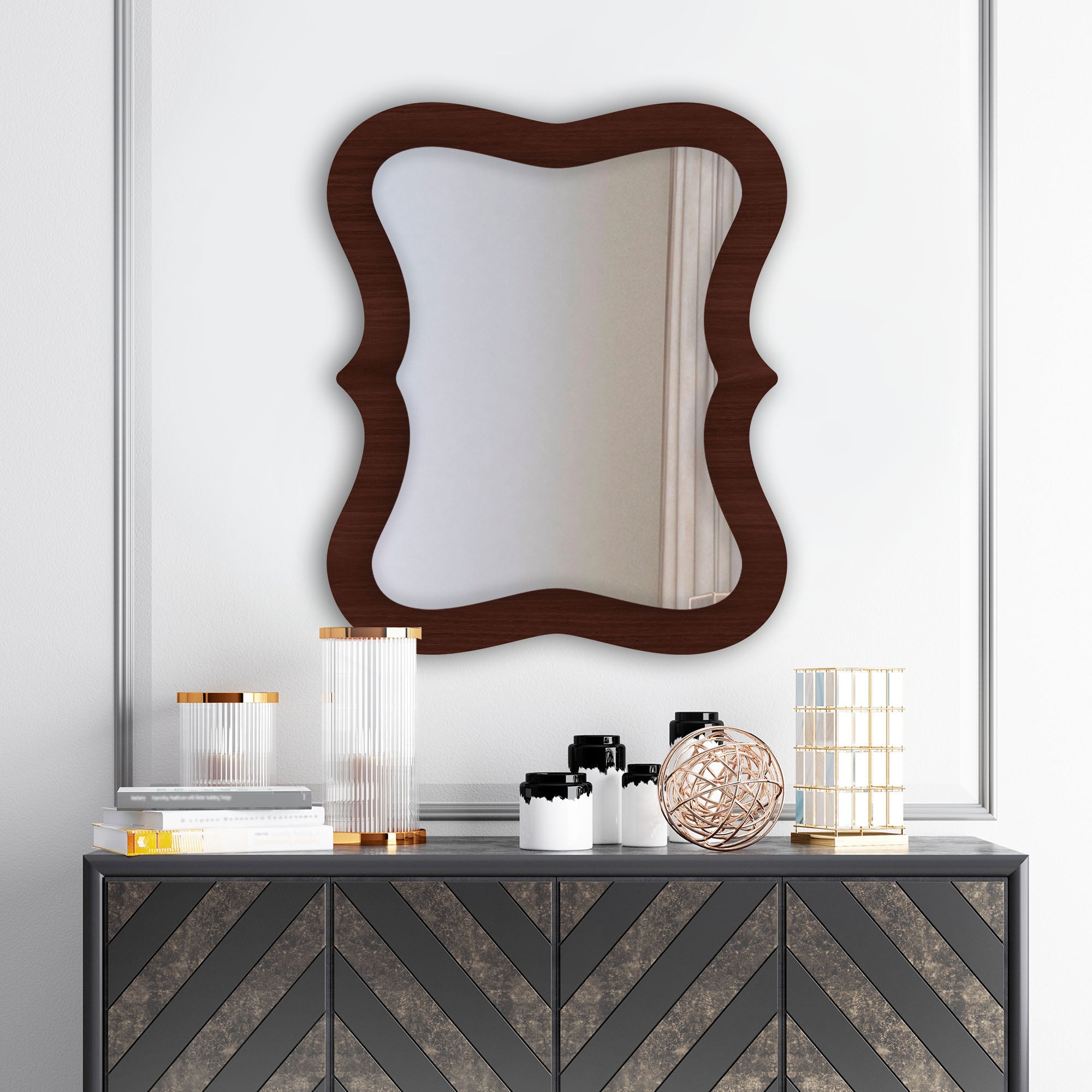 Rectangular Wavy Shaped Wooden Wall Mirror - Decor Smart