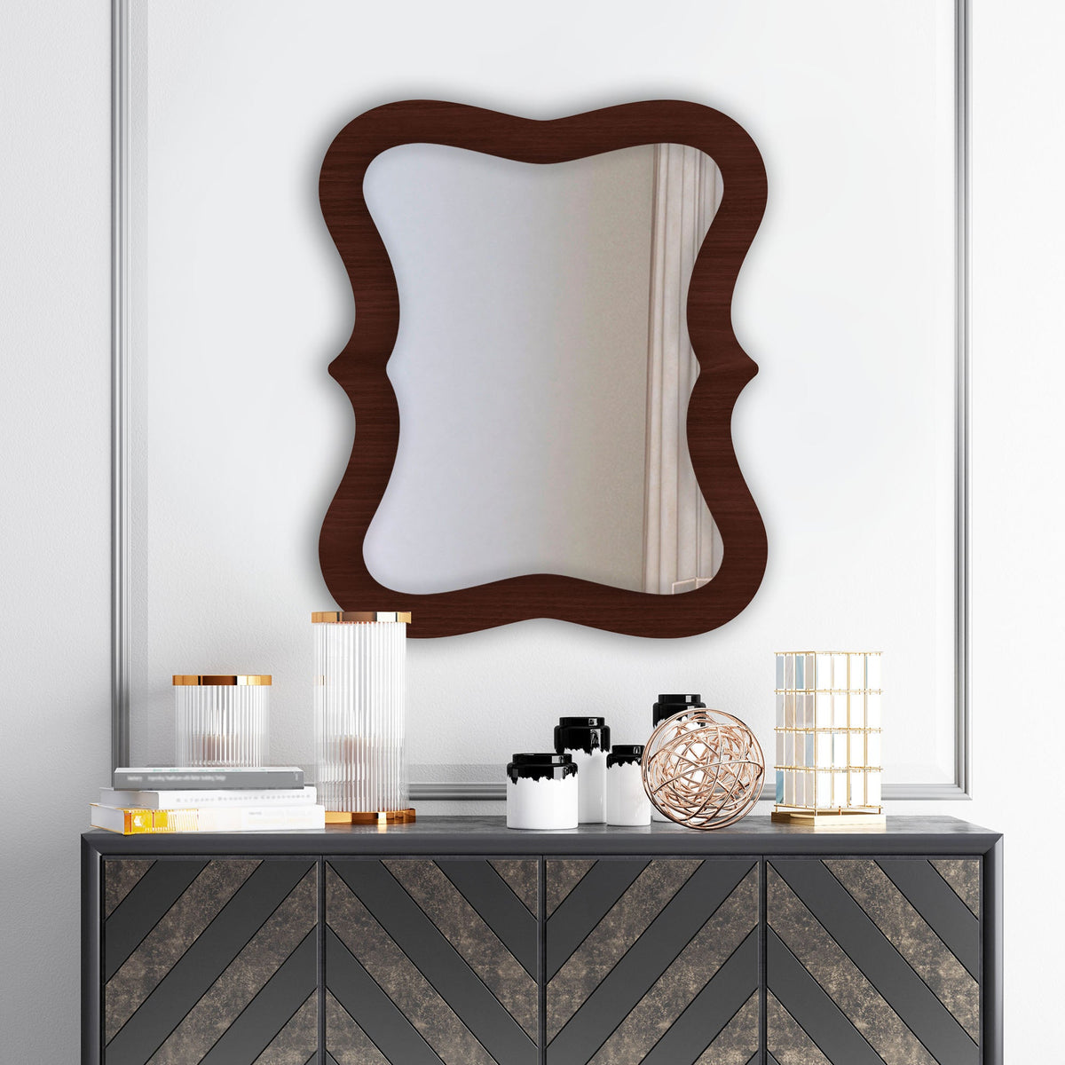 Rectangular Wavy Shaped Wooden Wall Mirror - Decor Smart