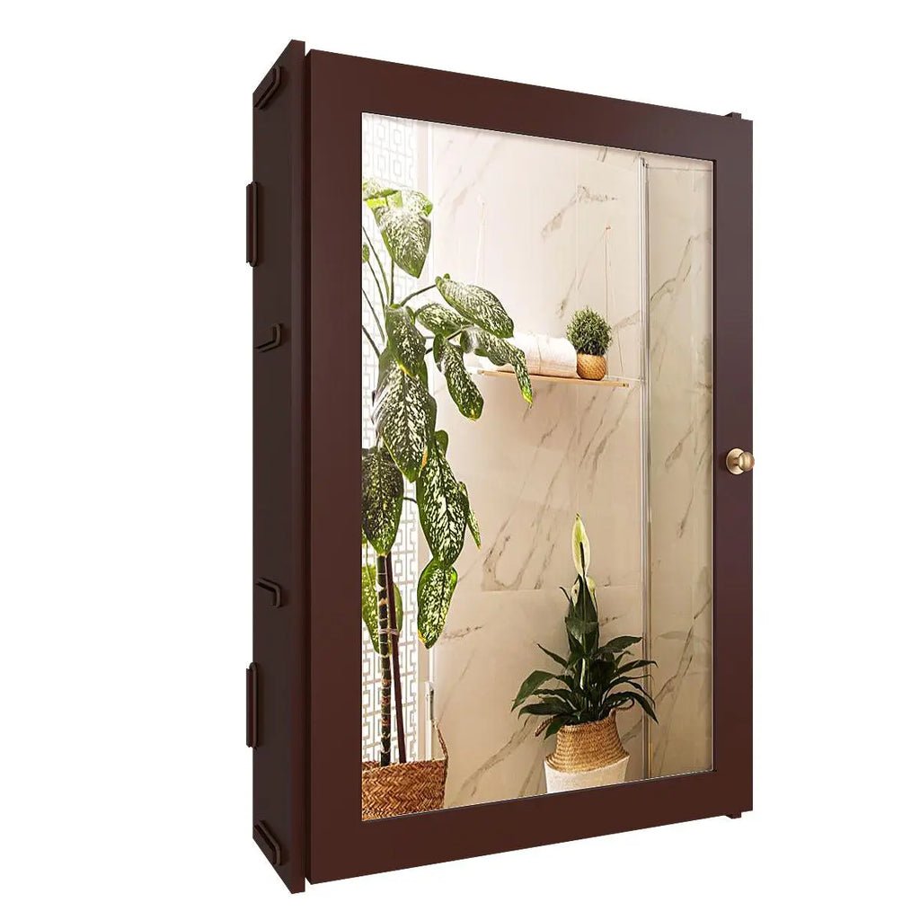 Rectangular Wooden Bathroom Cabinet Mirror with 3 Spacious Shelves with Solid Brown Finish - Decor Smart