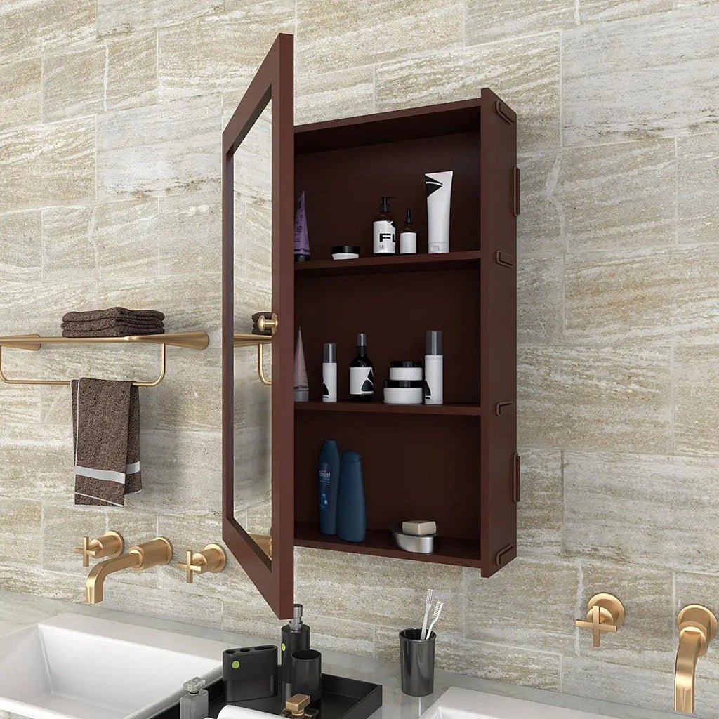 Rectangular Wooden Bathroom Cabinet Mirror with 3 Spacious Shelves with Solid Brown Finish - Decor Smart