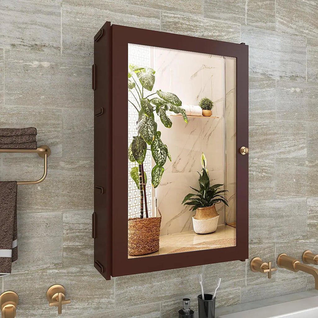 Rectangular Wooden Bathroom Cabinet Mirror with 3 Spacious Shelves with Solid Brown Finish - Decor Smart