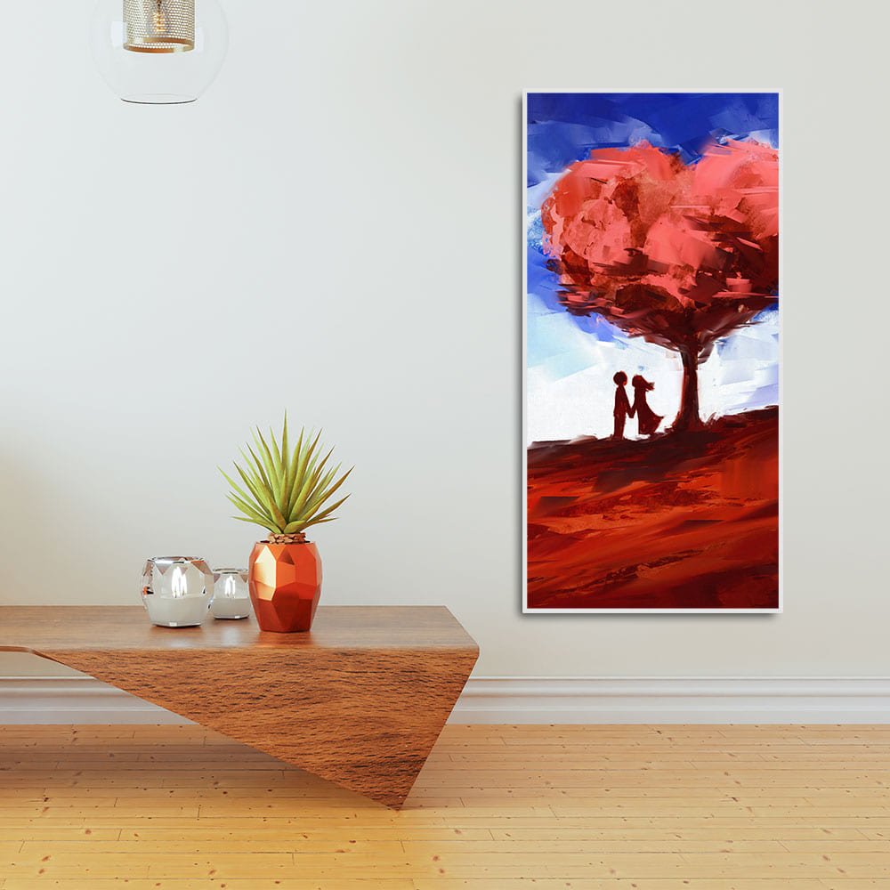 Red Love Heart Tree with Couple Premium Canvas Wall Painting - Decor Smart