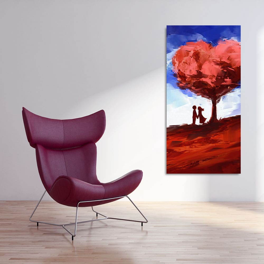 Red Love Heart Tree with Couple Premium Canvas Wall Painting - Decor Smart